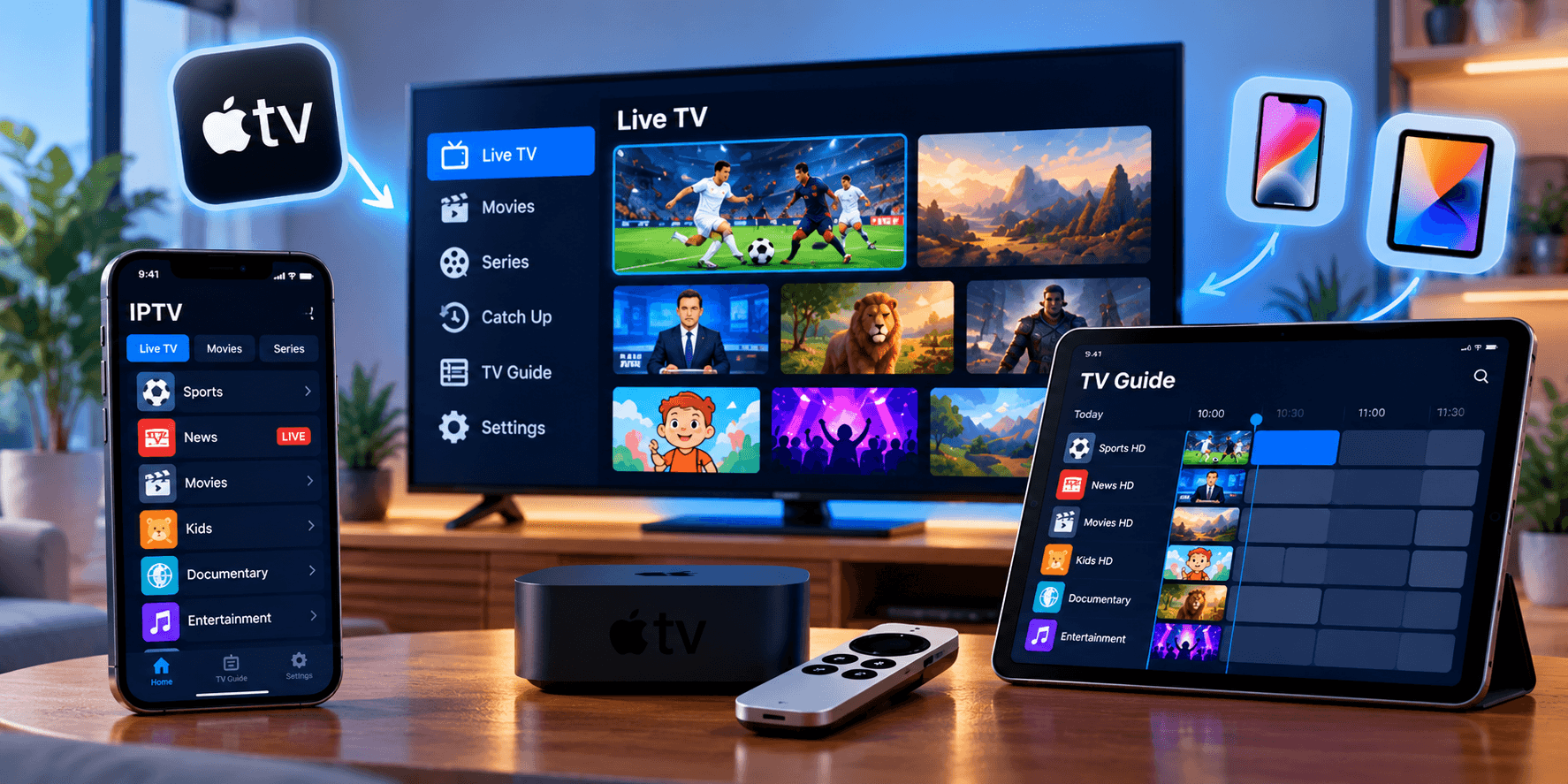 An Apple TV box and remote in front of a TV showing an IPTV player, with an iPhone showing channel categories and an iPad showing a TV guide