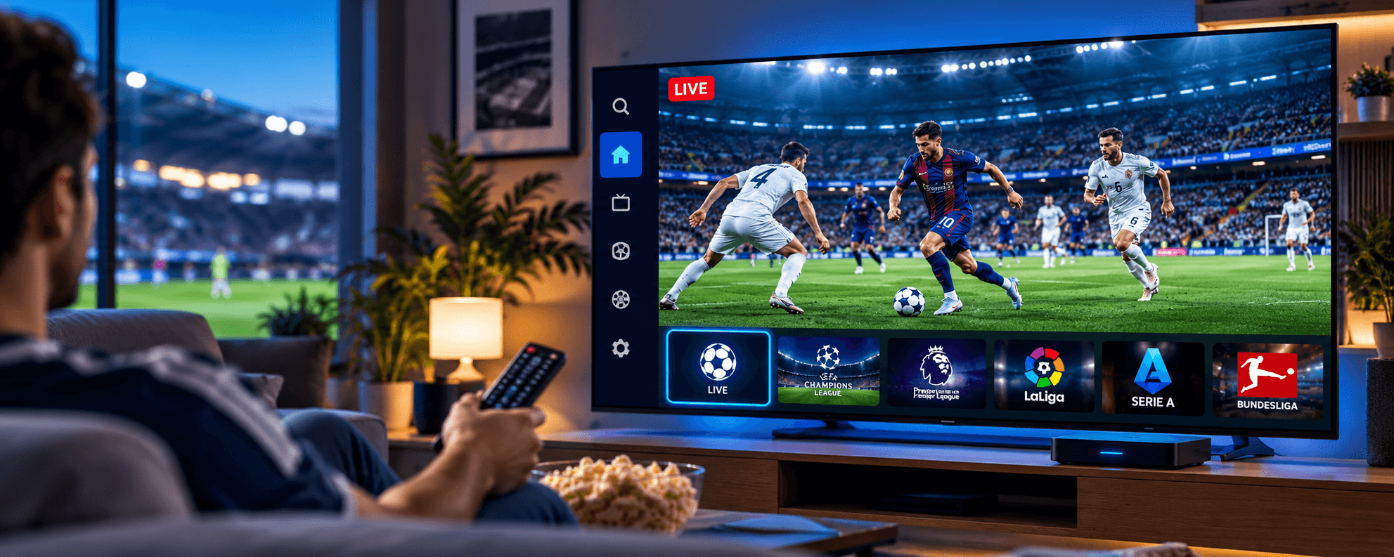 A fan on the sofa with a remote watching a live football match on a large TV, with competition tiles below the picture
