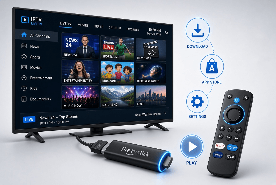 A Fire TV Stick plugged into a TV showing an IPTV channel grid, with its remote and download, app store, settings and play steps