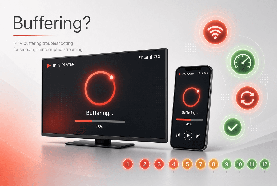 A TV and a phone showing a buffering spinner in an IPTV player, next to icons for Wi-Fi, speed, restart and fixed, with numbered troubleshooting steps