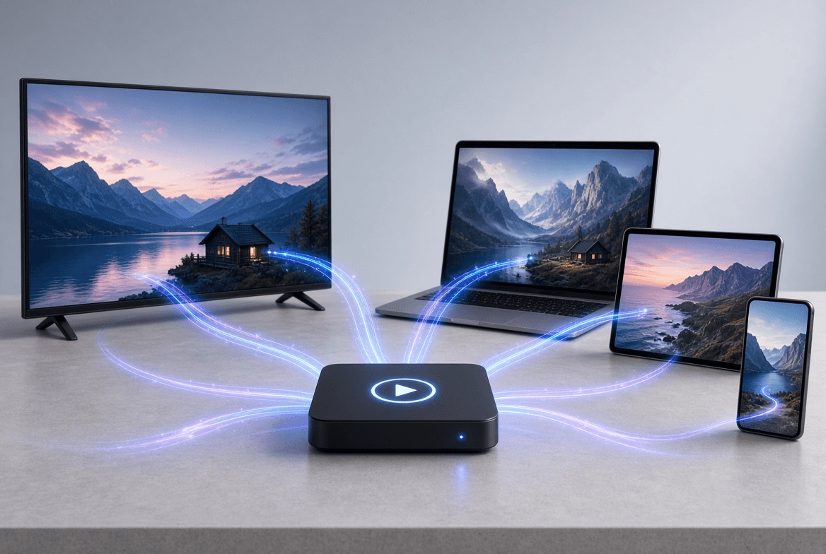 A streaming box sending glowing streams to a TV, a laptop, a tablet and a phone, each playing a mountain lake scene