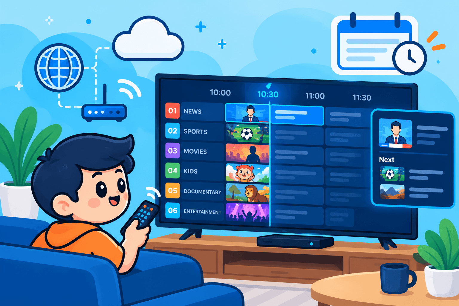 Illustration of a viewer on the sofa using the remote to browse an IPTV TV guide grid of numbered channels and time slots, with a “Next” panel