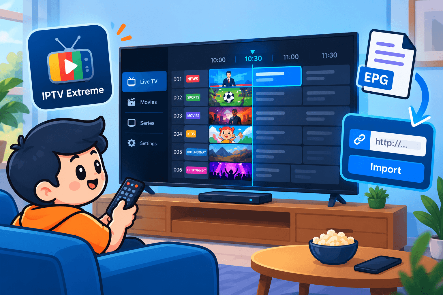 Illustration of a viewer using IPTV Extreme on a TV guide grid, with an EPG file and an Import panel for pasting the guide link