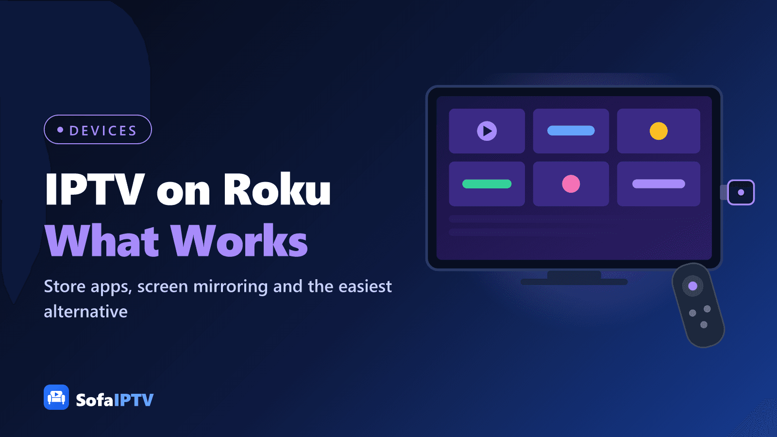IPTV on Roku: a TV with app tiles, a streaming stick plugged into its side and a remote