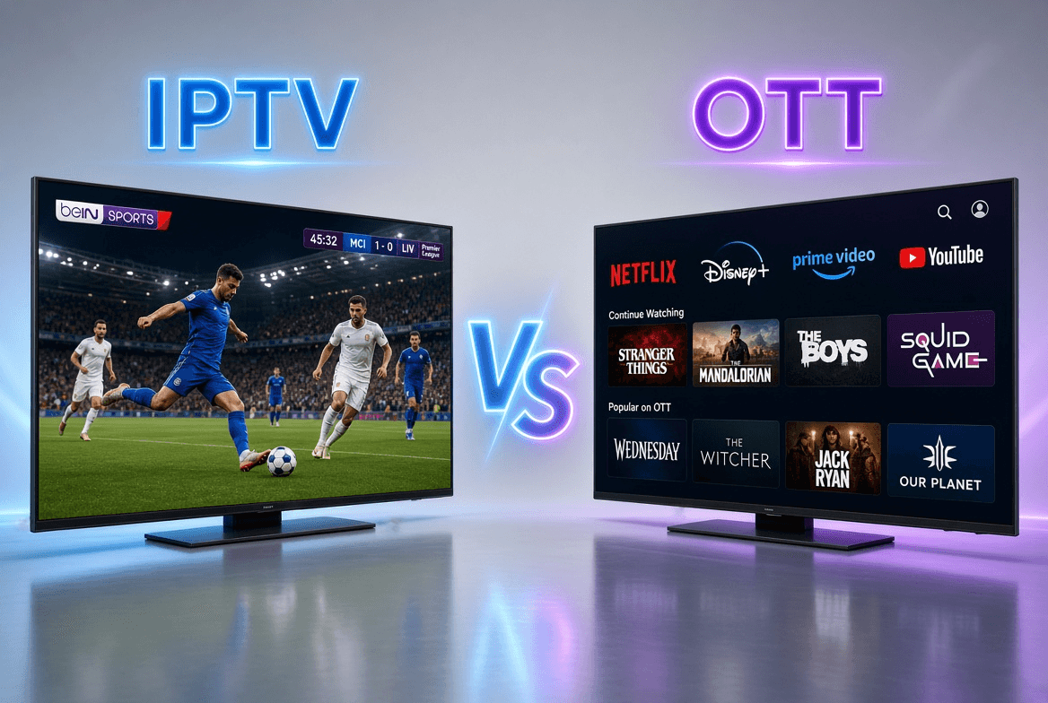 IPTV vs OTT: one TV showing a live football match on a sports channel, the other showing on-demand streaming apps and series