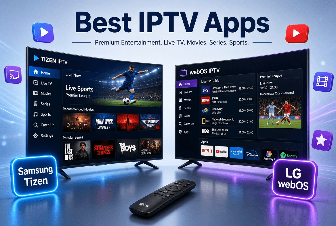 Best IPTV apps: a Samsung Tizen TV and an LG webOS TV side by side showing IPTV player menus with live sport, films and series