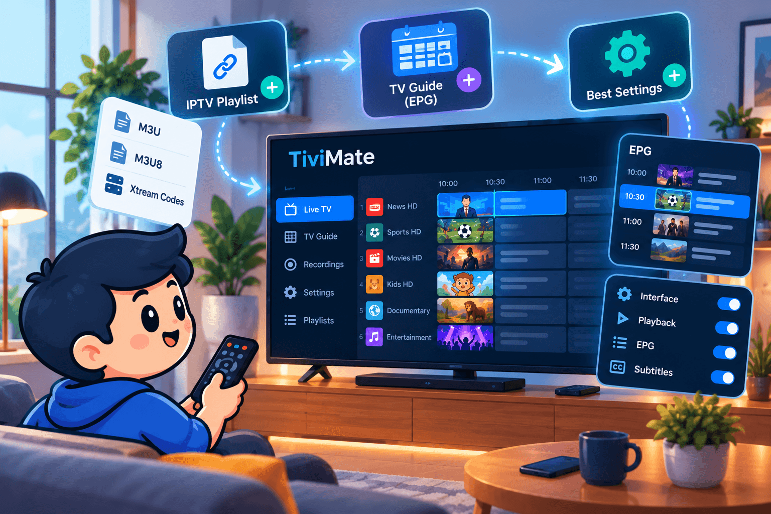 Illustration of a viewer setting up TiviMate on a TV: add an IPTV playlist (M3U or Xtream Codes), then the TV guide (EPG), then the best settings