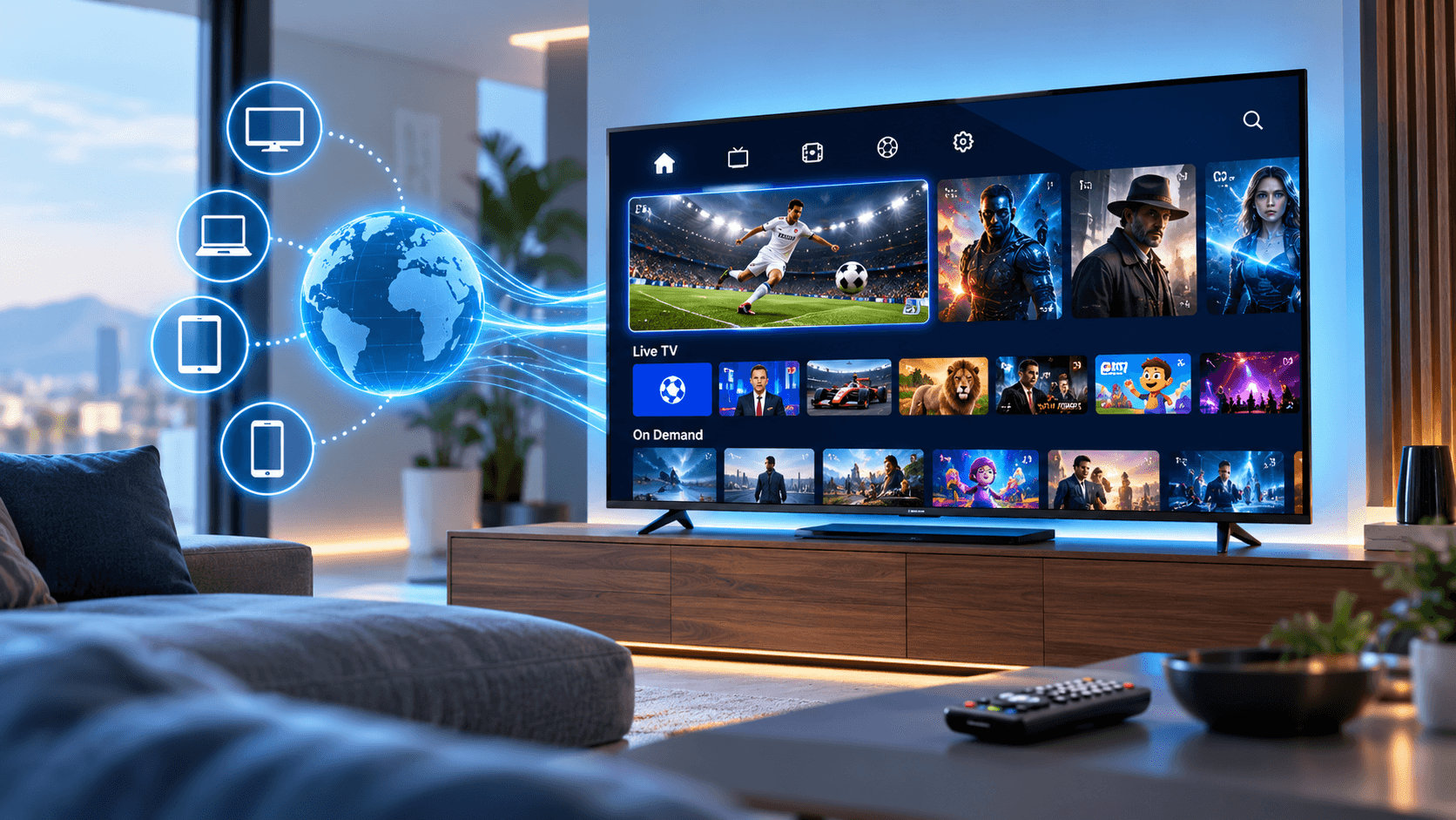 A living-room TV showing live channels and on-demand titles, with streams flowing from a globe to a TV, laptop, tablet and phone