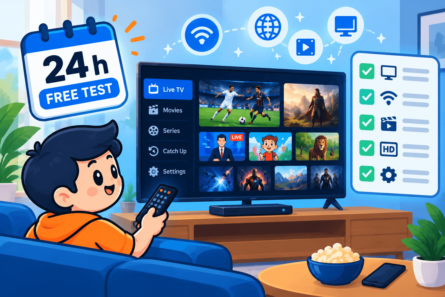Illustration of a viewer testing an IPTV service on a TV, with a “24h Free Test” calendar badge and a checklist of ticked items
