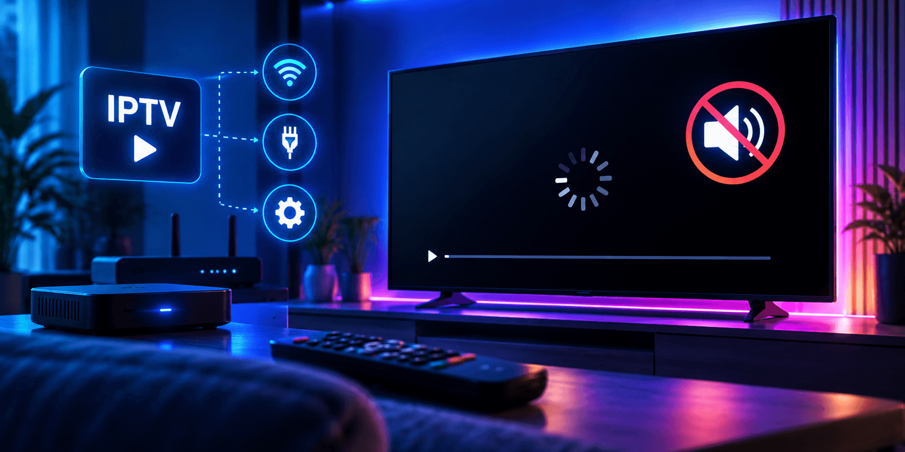 A TV showing a loading spinner and a muted-sound icon, next to an IPTV box and checks for Wi-Fi, cable and settings