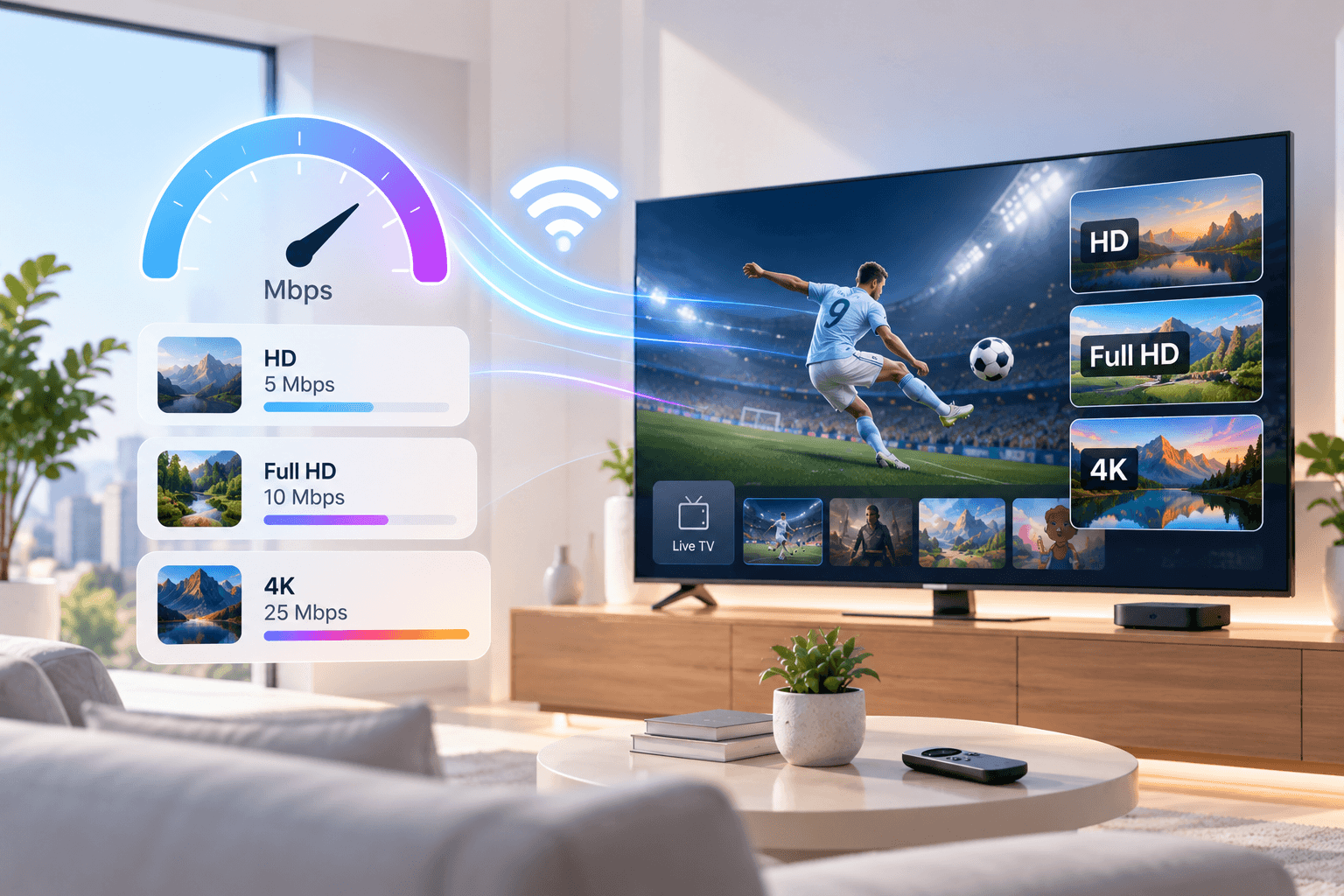 Internet speed for IPTV: a speed gauge with 5 Mbps for HD, 10 Mbps for Full HD and 25 Mbps for 4K, next to a TV playing live football