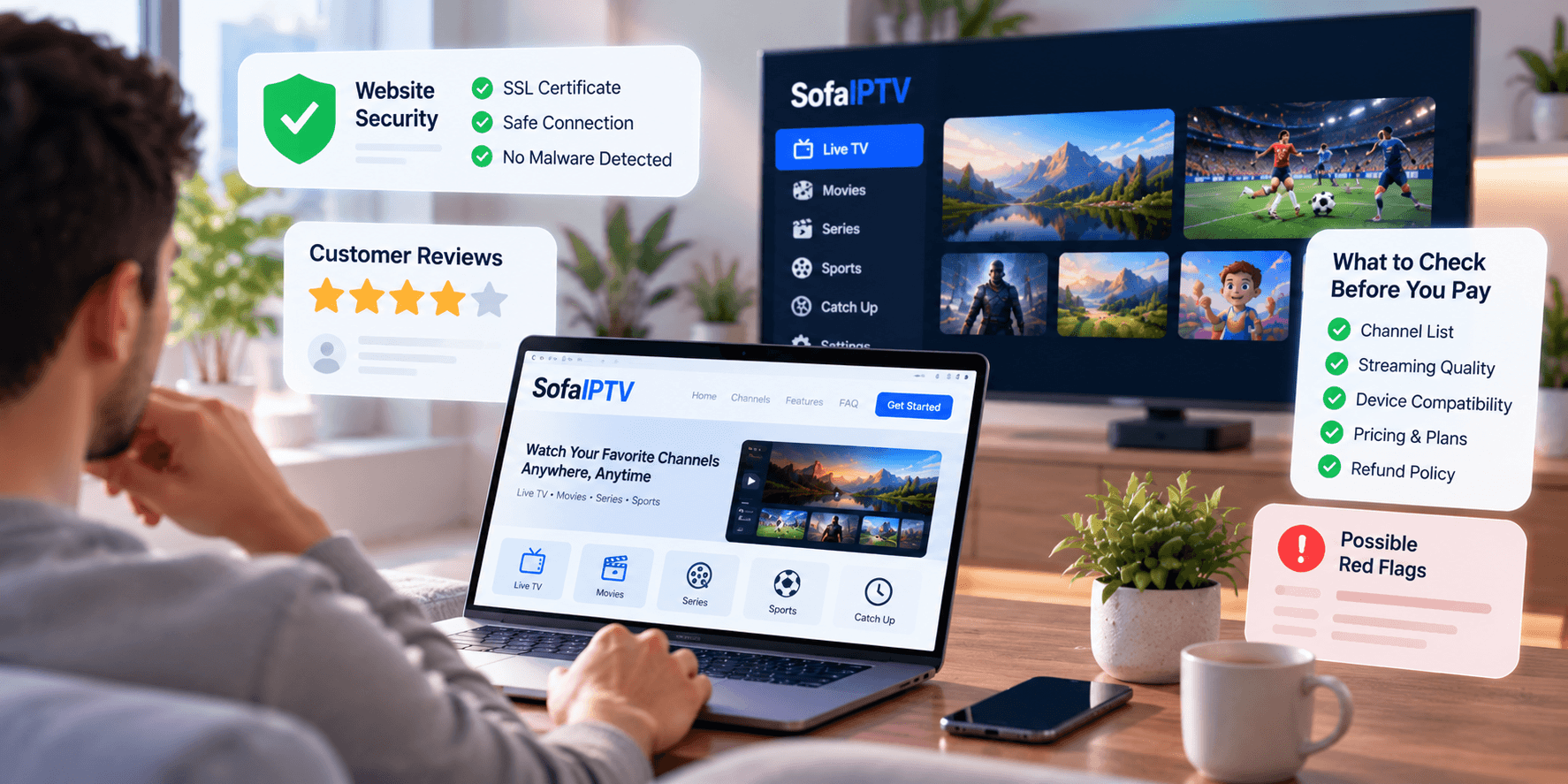 A person checking the SofaIPTV website on a laptop, with cards for website security, customer reviews, what to check before you pay and possible red flags