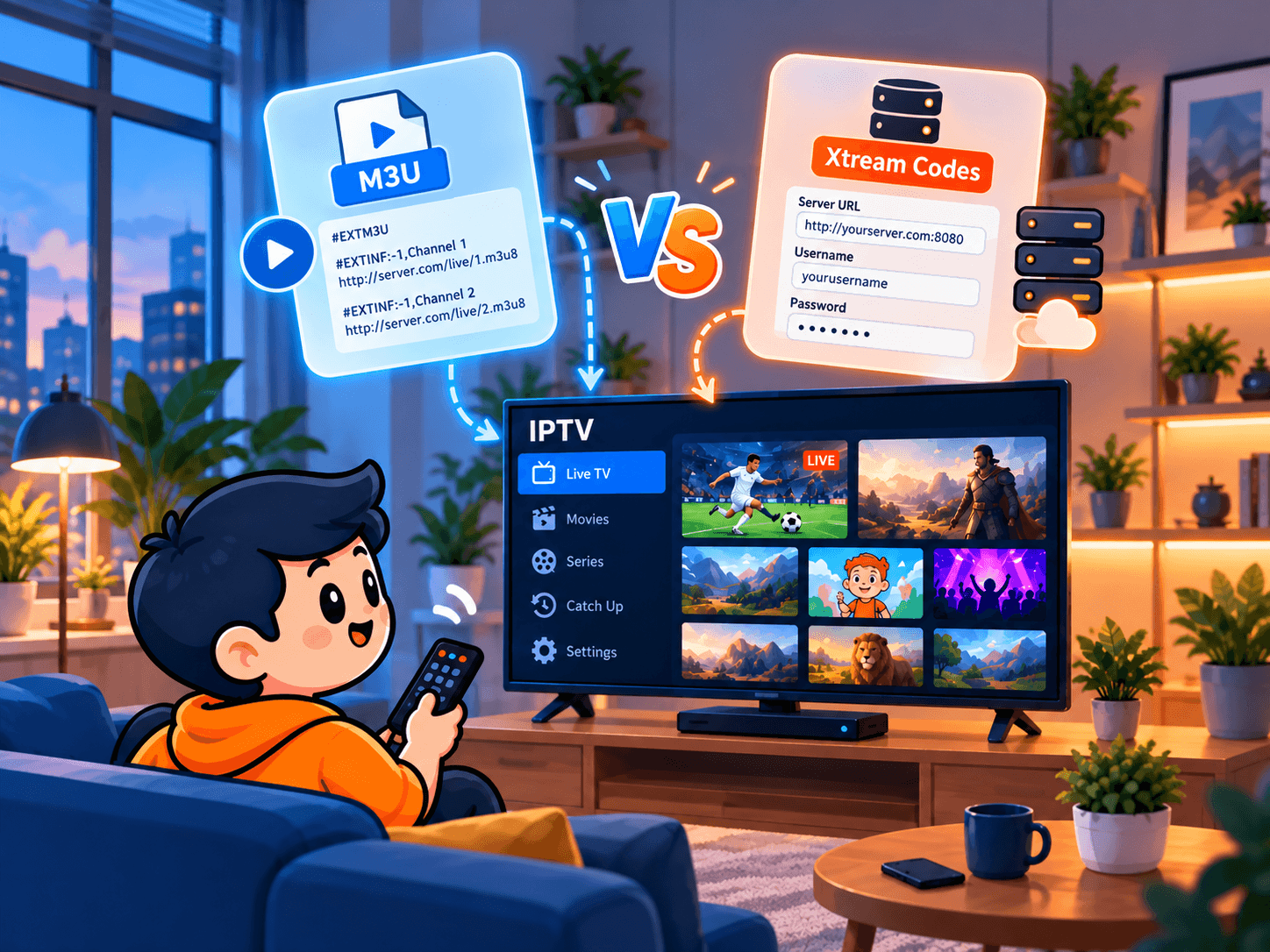 Illustration comparing an M3U playlist file with an Xtream Codes login of server URL, username and password, both loading channels on a TV